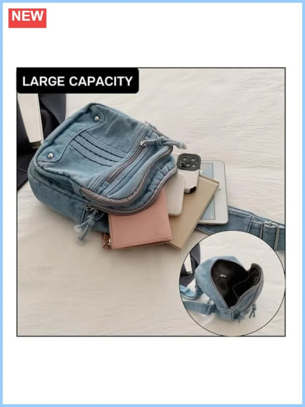 Washed Denim Y2K Sling Crossbody Bag Women Chest Purse Anti-Theft